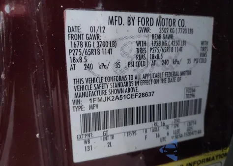 2012 Ford Expedition El Limited from USA, damaged, VIN 1FMJK2A51CEF28637